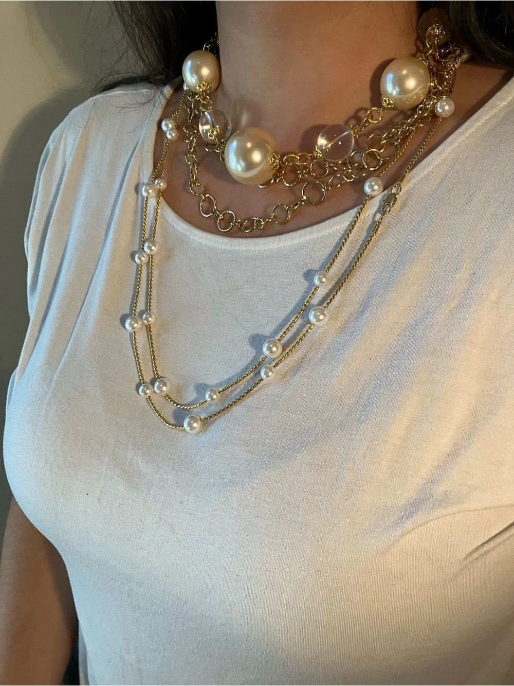 Gold Faux Pearl Necklace Elegant station design 61” works for layering or alone